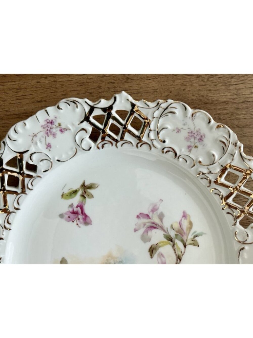 Antique Pierced Porcelain Plate Apple Blossom Floral Gold Gilt 10in - Picture 4 of 16